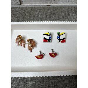 Vintage Abstract & Floral Clip-On Earrings Set of 3 Womens Fashion Jewerly